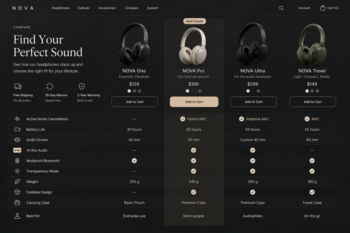 Interactive Product Comparison Tables